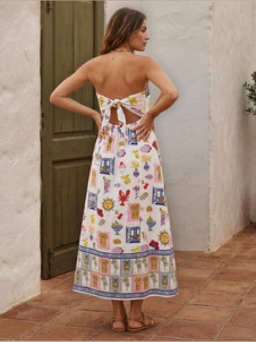 NWOT Japna White Strapless Tie-Back Maxi Dress with Multicolor Print